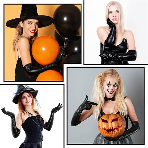 Women's Black Faux Leather Sexy Wet Look  Nylon  Adult Latex  Long  Gloves - Picture 7 of 7